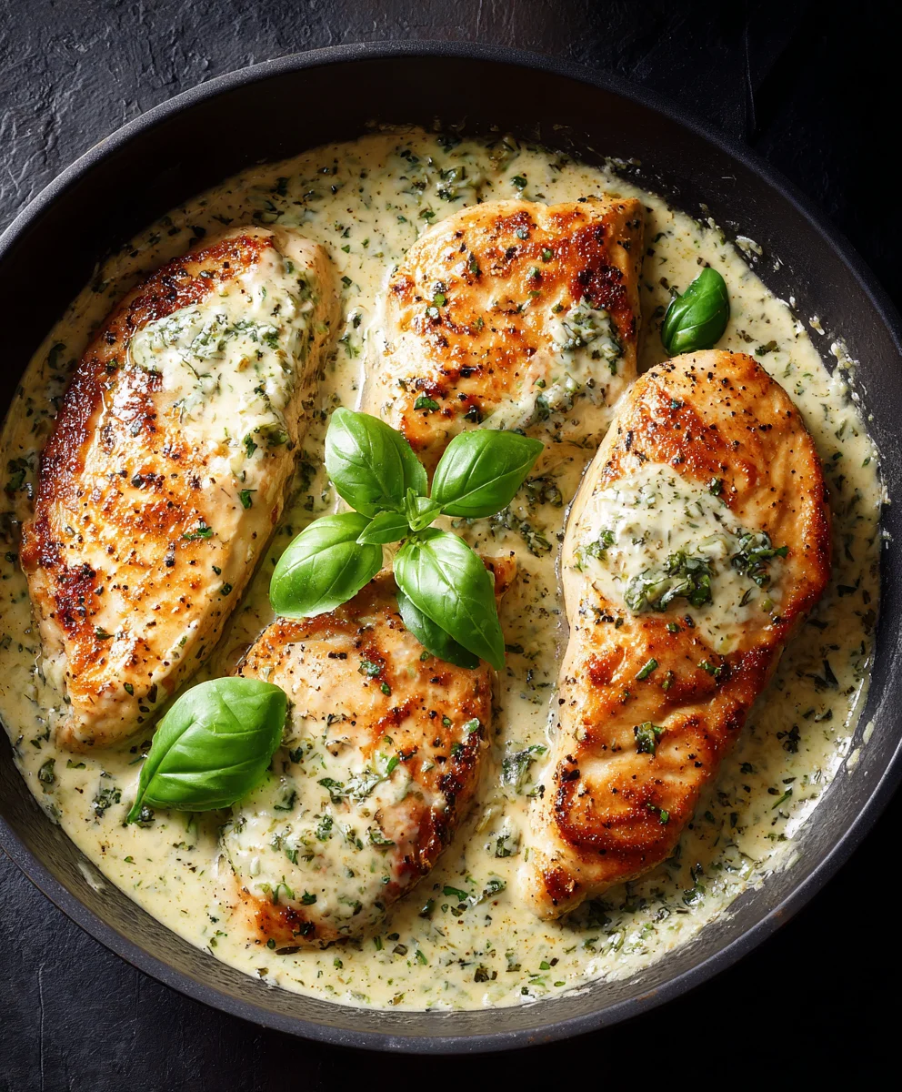 Savory Mozzarella Chicken in Basil Cream Sauce